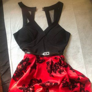 Black and Red Cocktail Dress with Velvet Embossed Roses